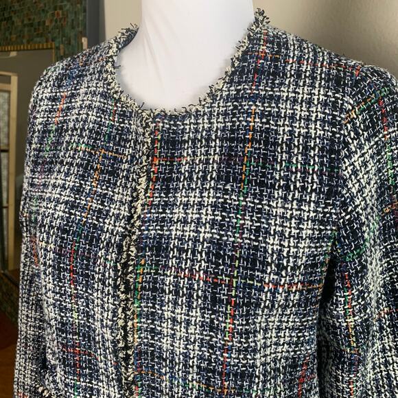 Hayden Size M Tweed Cropped Blazer Jacket Black White Fringe Trim Preppy Career - Picture 3 of 9